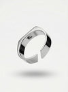 Silver ring with a logo on a light gray background