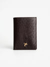 Black textured wallet with a gold logo on a white background